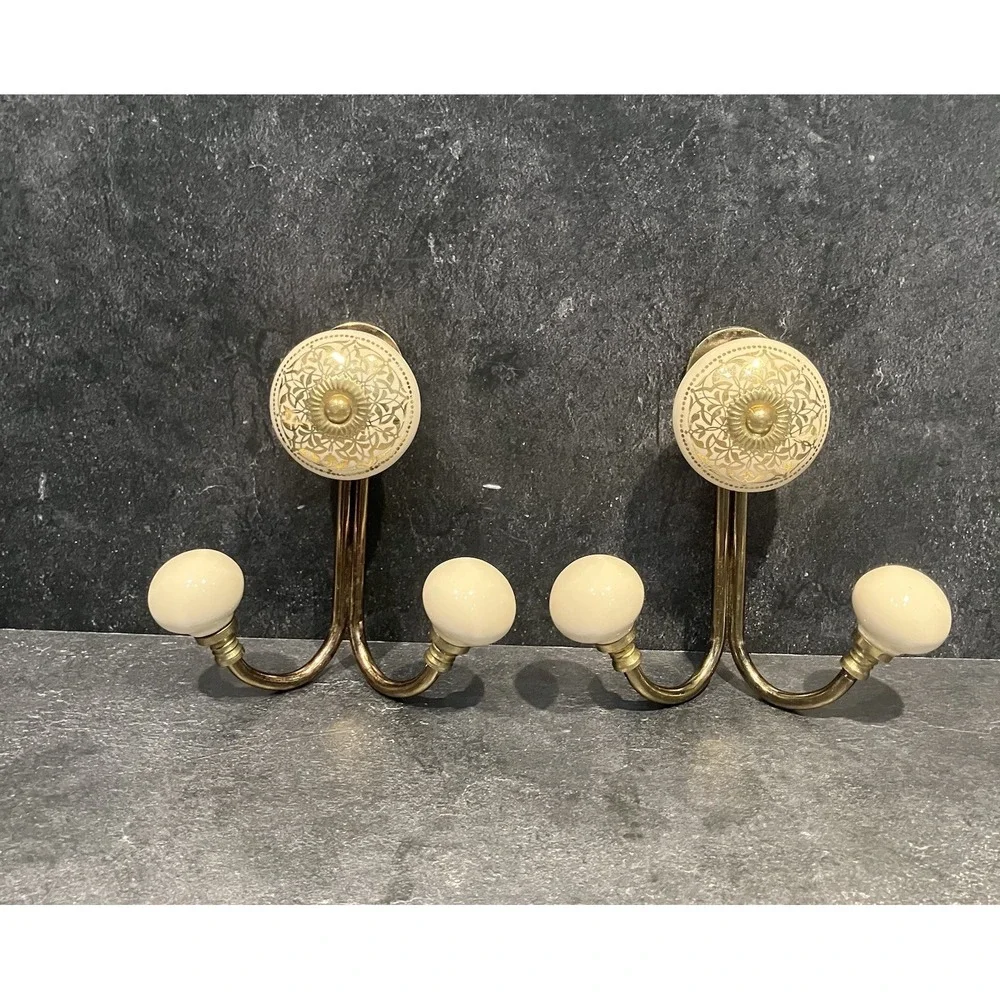 2 Ornate Double Wall Coat Hook Cream and Gold Filigree Vintage Style